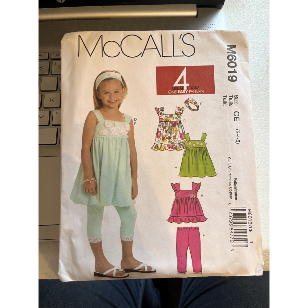 McCall's Pattern M6019 Girls' 4 Great Looks Top Dresses Leggings & Headband 3-5
